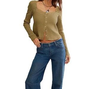 Free People
Women's Blue Let's Party Lace Trim Cotton Waffle Cardigan nwt sz L